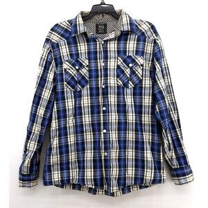 SQ Comfort Wash Pearl Snap Shirt Mens L Blue Plaid Long Sleeve Pockets